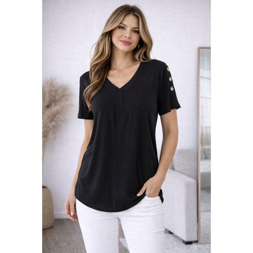 89th & Madison Black V-Neck Button Sleeve Trim Top Size L